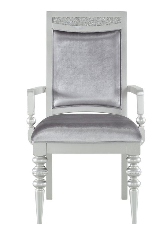 Set of Two Platinum Fabric Solid Wood And Faux Crystal Bling Dining Arm Chairs