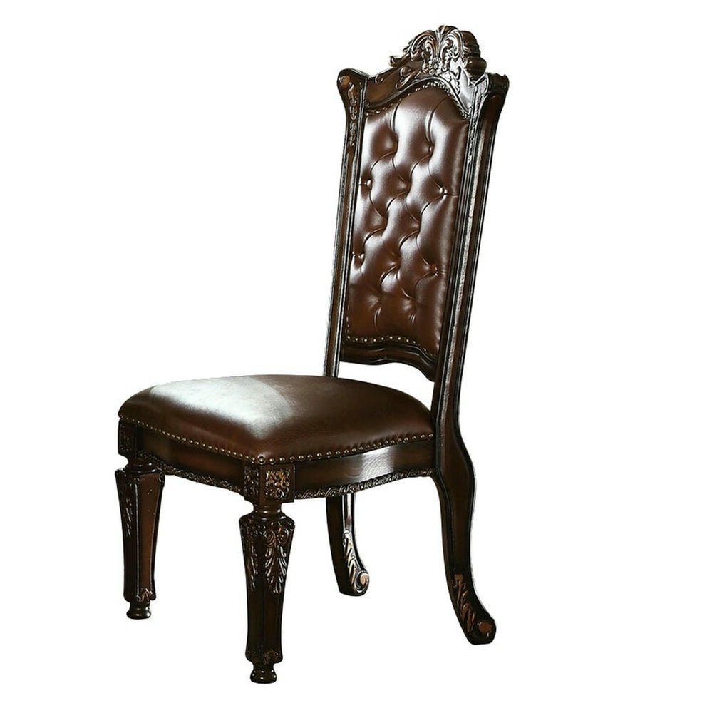 Set of Two Dark Brown And Mahogany And Dark Brown Tufted Faux Leather Dining Side Chairs HomeRoots