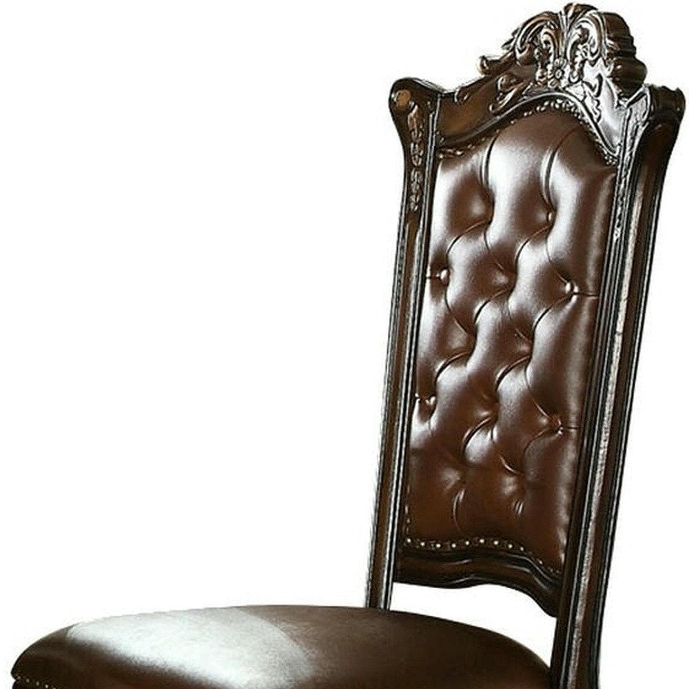 Set of Two Dark Brown And Mahogany And Dark Brown Tufted Faux Leather Dining Side Chairs HomeRoots