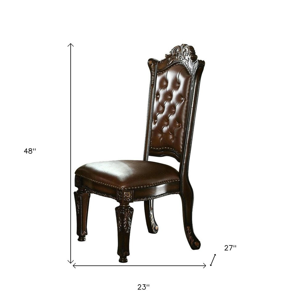 Set of Two Dark Brown And Mahogany And Dark Brown Tufted Faux Leather Dining Side Chairs HomeRoots