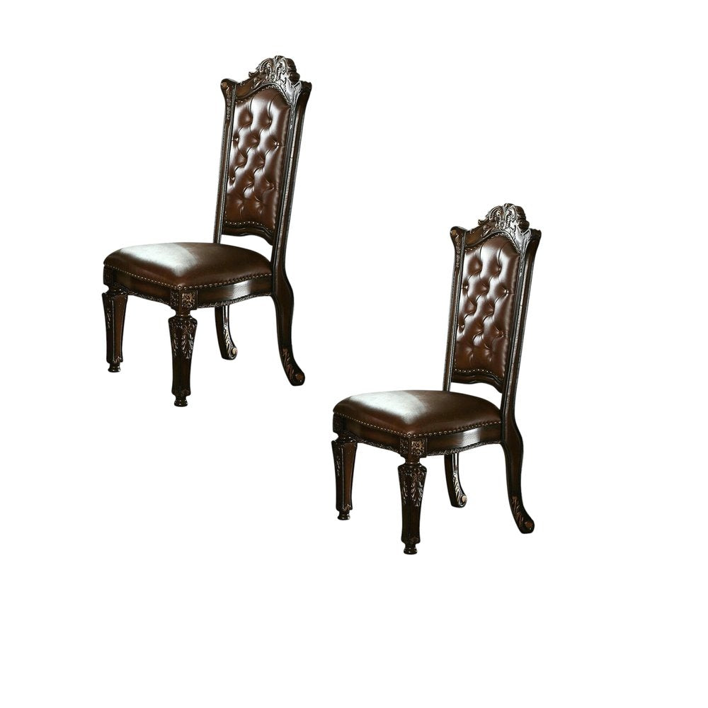 Set of Two Dark Brown And Mahogany And Dark Brown Tufted Faux Leather Dining Side Chairs HomeRoots