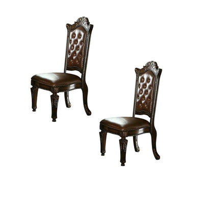 Set of Two Dark Brown And Mahogany And Dark Brown Tufted Faux Leather Dining Side Chairs HomeRoots