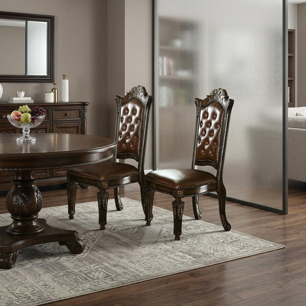Set of Two Dark Brown And Mahogany And Dark Brown Tufted Faux Leather Dining Side Chairs HomeRoots