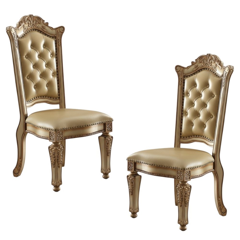 Set of Two Tufted Bone and Brass Upholstered Faux Leather And Wood Dining Side Chairs HomeRoots