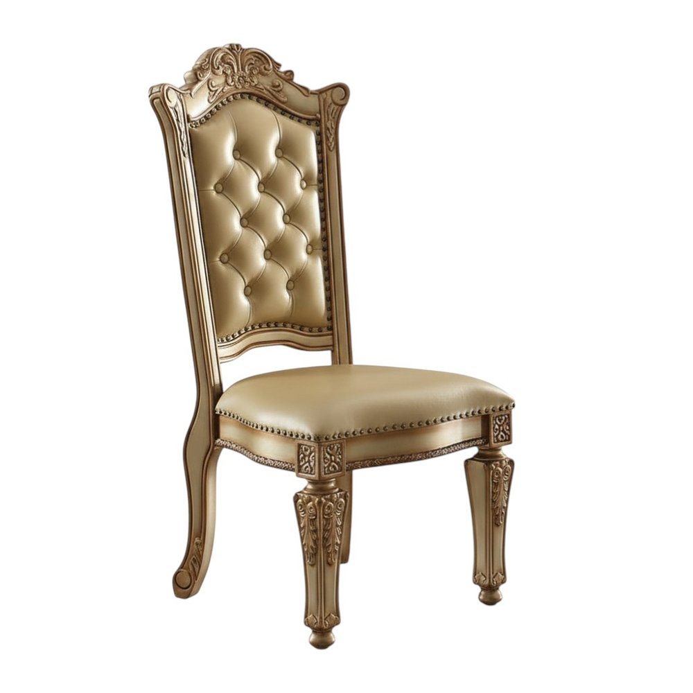 Set of Two Tufted Bone and Brass Upholstered Faux Leather And Wood Dining Side Chairs HomeRoots