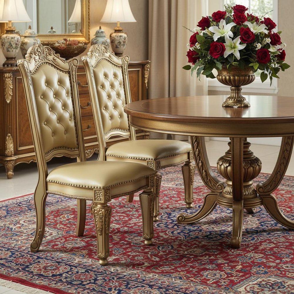 Set of Two Tufted Bone and Brass Upholstered Faux Leather And Wood Dining Side Chairs HomeRoots