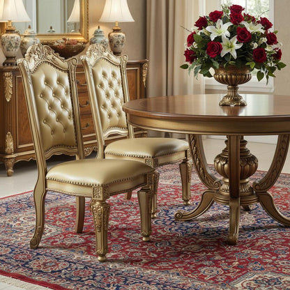 Set of Two Tufted Bone and Brass Upholstered Faux Leather And Wood Dining Side Chairs HomeRoots