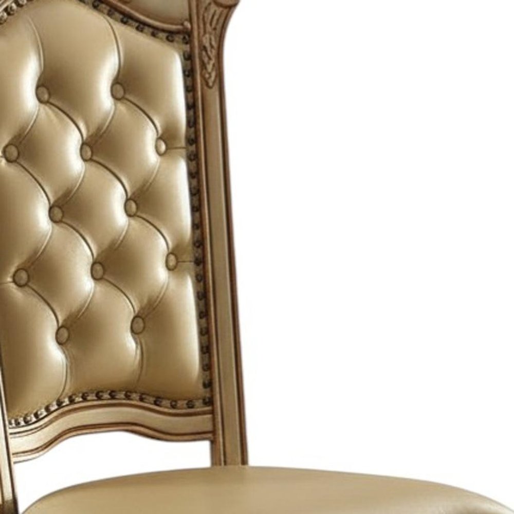 Set of Two Tufted Bone and Brass Upholstered Faux Leather And Wood Dining Side Chairs HomeRoots