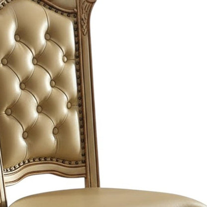 Set of Two Tufted Bone and Brass Upholstered Faux Leather And Wood Dining Side Chairs HomeRoots