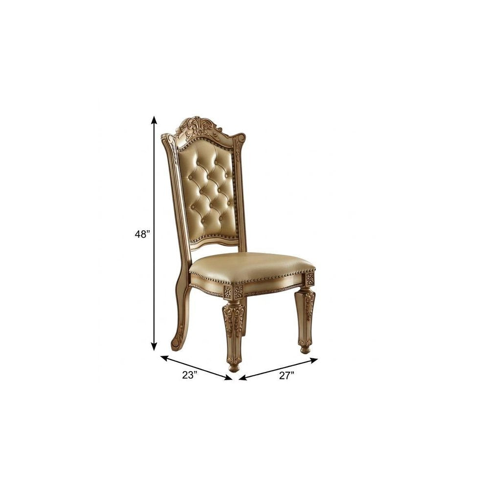 Set of Two Tufted Bone and Brass Upholstered Faux Leather And Wood Dining Side Chairs HomeRoots