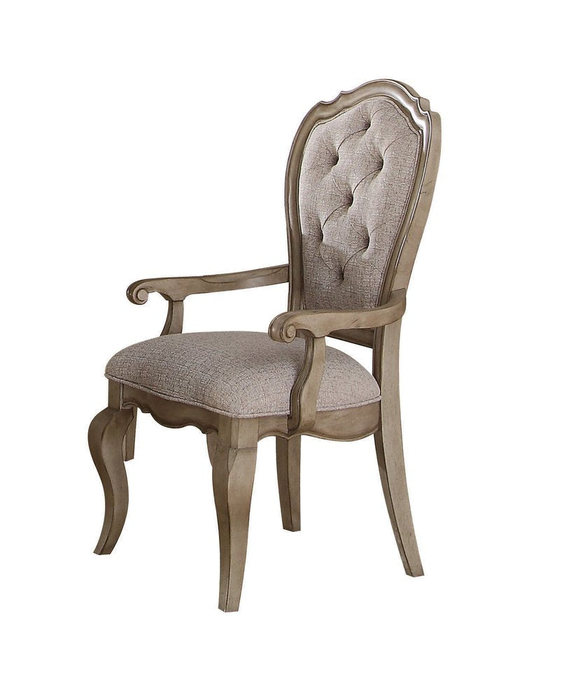 Set of Two Tufted Beige and Taupe Upholstered Fabric And Solid Wood Dining Arm Chairs HomeRoots