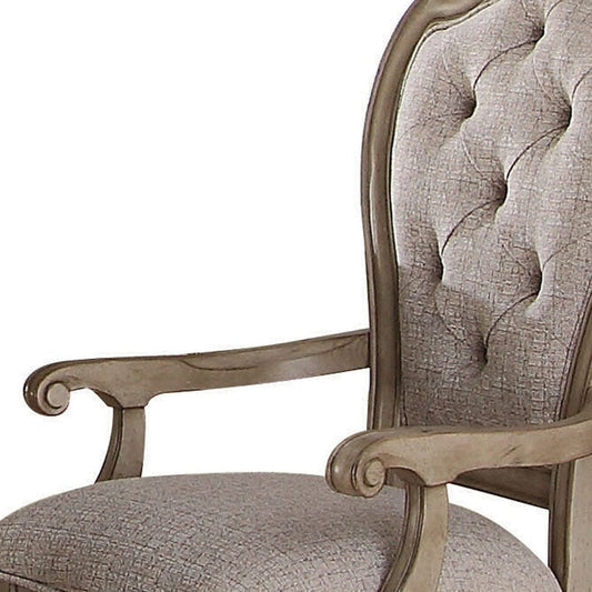 Set of Two Tufted Beige and Taupe Upholstered Fabric And Solid Wood Dining Arm Chairs HomeRoots