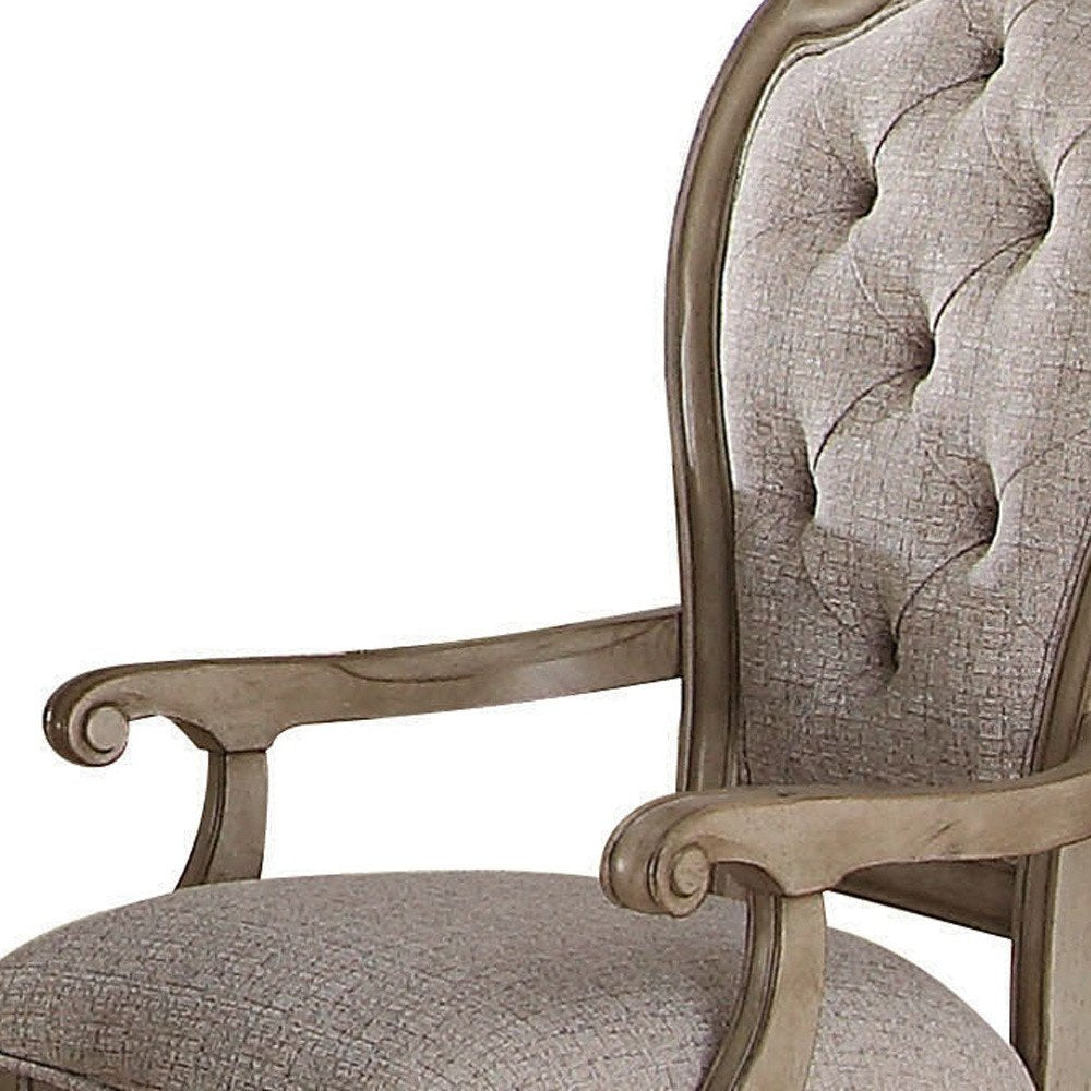 Set of Two Tufted Beige and Taupe Upholstered Fabric And Solid Wood Dining Arm Chairs HomeRoots