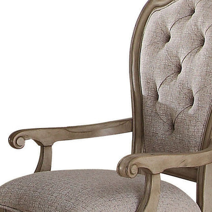 Set of Two Tufted Beige and Taupe Upholstered Fabric And Solid Wood Dining Arm Chairs HomeRoots
