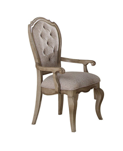 Set of Two Tufted Beige and Taupe Upholstered Fabric And Solid Wood Dining Arm Chairs HomeRoots