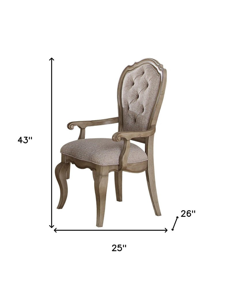 Set of Two Tufted Beige and Taupe Upholstered Fabric And Solid Wood Dining Arm Chairs HomeRoots