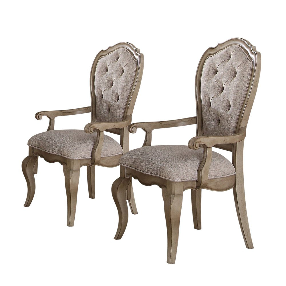 Set of Two Tufted Beige and Taupe Upholstered Fabric And Solid Wood Dining Arm Chairs HomeRoots