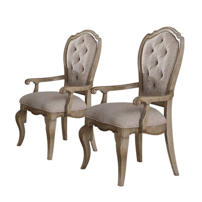 Set of Two Tufted Beige and Taupe Upholstered Fabric And Solid Wood Dining Arm Chairs HomeRoots