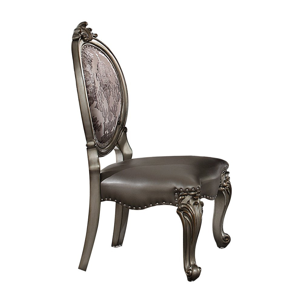 Set of Two Silver and Platinum Upholstered Faux Leather And Solid Wood King Louis Back Dining Side Chairs HomeRoots