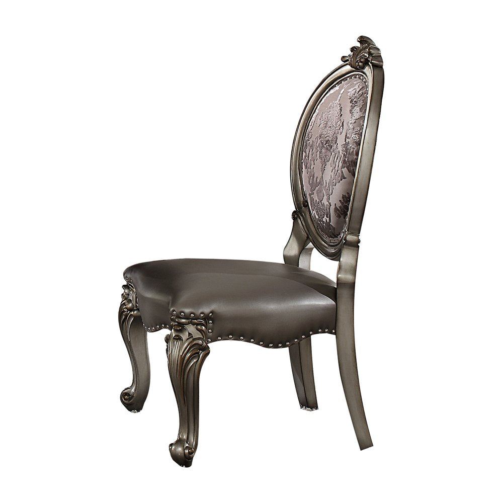 Set of Two Silver and Platinum Upholstered Faux Leather And Solid Wood King Louis Back Dining Side Chairs HomeRoots