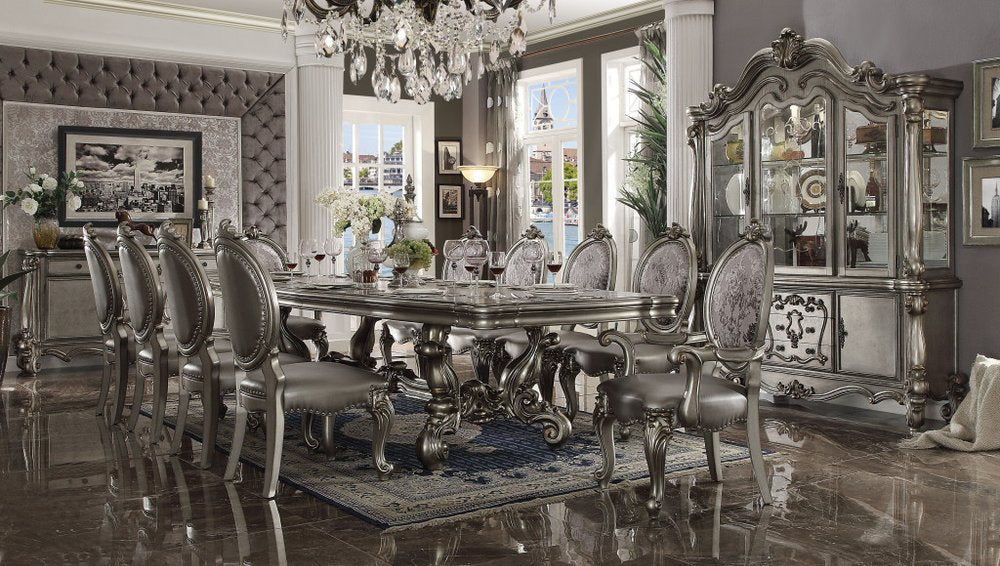 Set of Two Silver and Platinum Upholstered Faux Leather And Solid Wood King Louis Back Dining Side Chairs HomeRoots