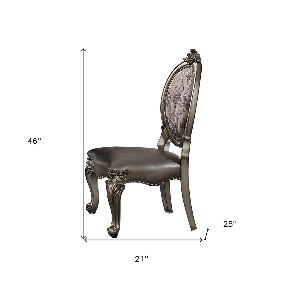 Set of Two Silver and Platinum Upholstered Faux Leather And Solid Wood King Louis Back Dining Side Chairs HomeRoots