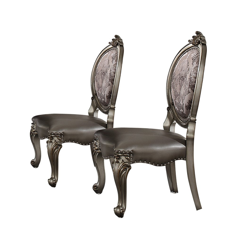Set of Two Silver and Platinum Upholstered Faux Leather And Solid Wood King Louis Back Dining Side Chairs HomeRoots