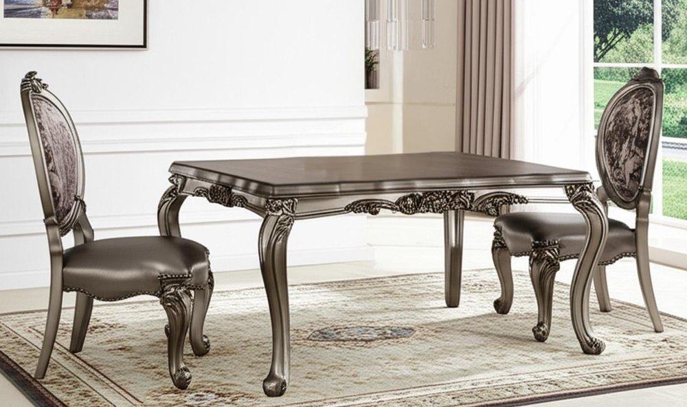 Set of Two Silver and Platinum Upholstered Faux Leather And Solid Wood King Louis Back Dining Side Chairs HomeRoots