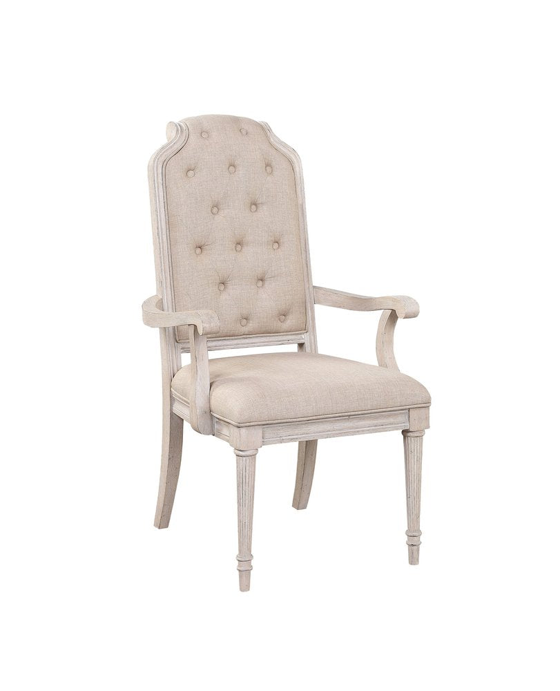 Set of Two Tufted Antiqued White and Champagne Upholstered Fabric And Solid Wood Dining Arm Chairs HomeRoots