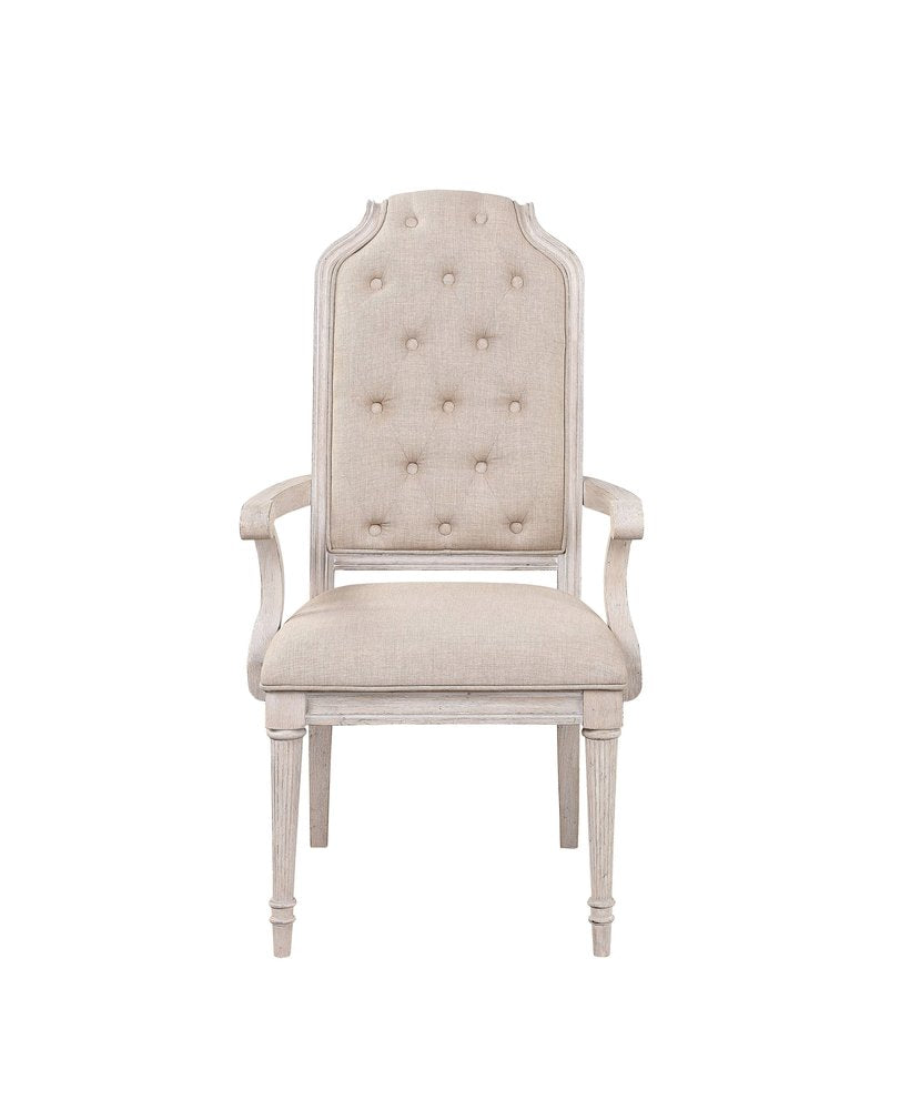 Set of Two Tufted Antiqued White and Champagne Upholstered Fabric And Solid Wood Dining Arm Chairs HomeRoots