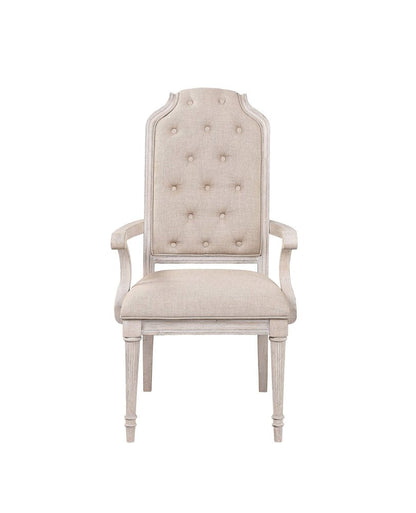 Set of Two Tufted Antiqued White and Champagne Upholstered Fabric And Solid Wood Dining Arm Chairs HomeRoots