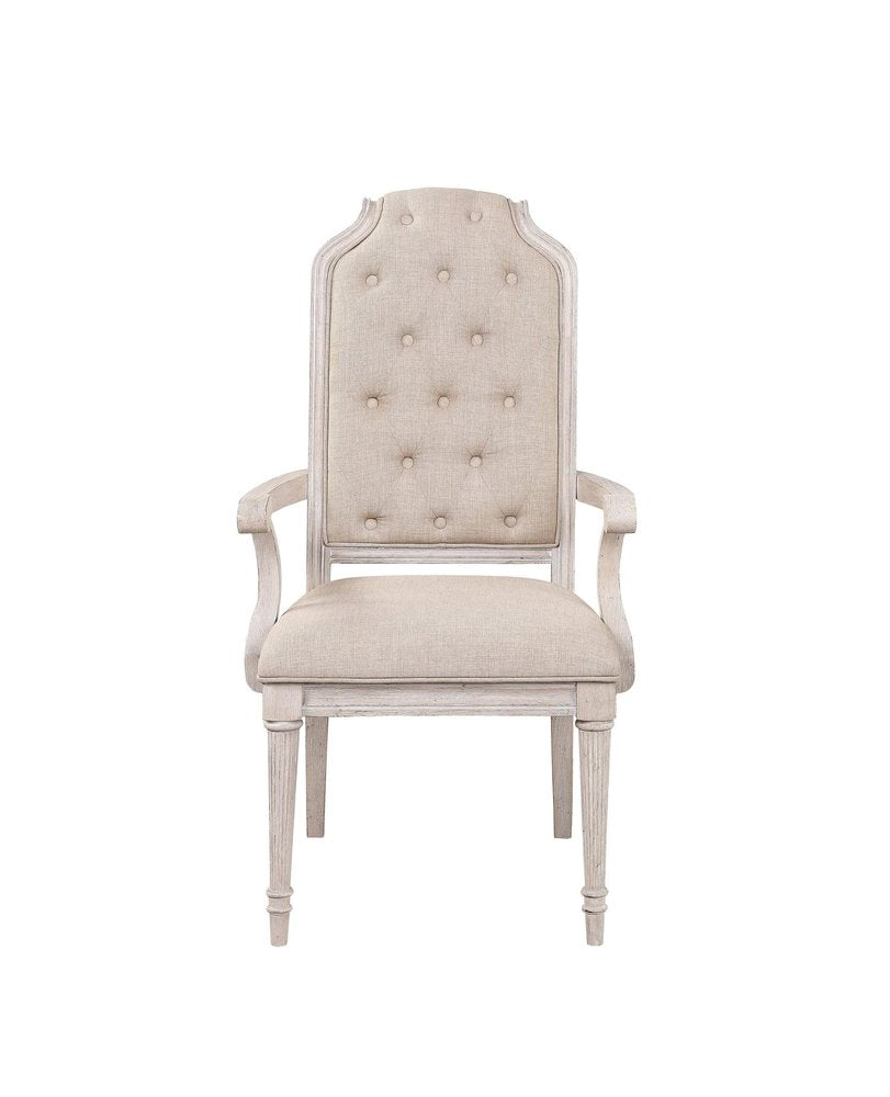 Set of Two Tufted Antiqued White and Champagne Upholstered Fabric And Solid Wood Dining Arm Chairs HomeRoots