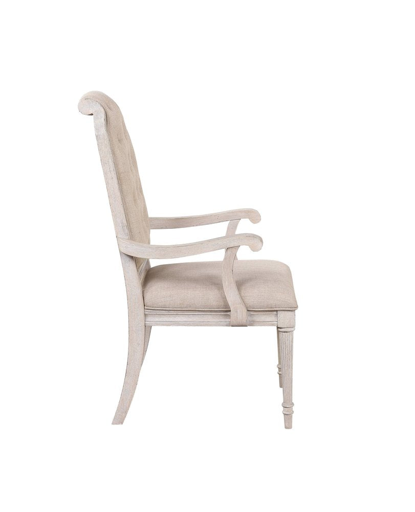 Set of Two Tufted Antiqued White and Champagne Upholstered Fabric And Solid Wood Dining Arm Chairs HomeRoots