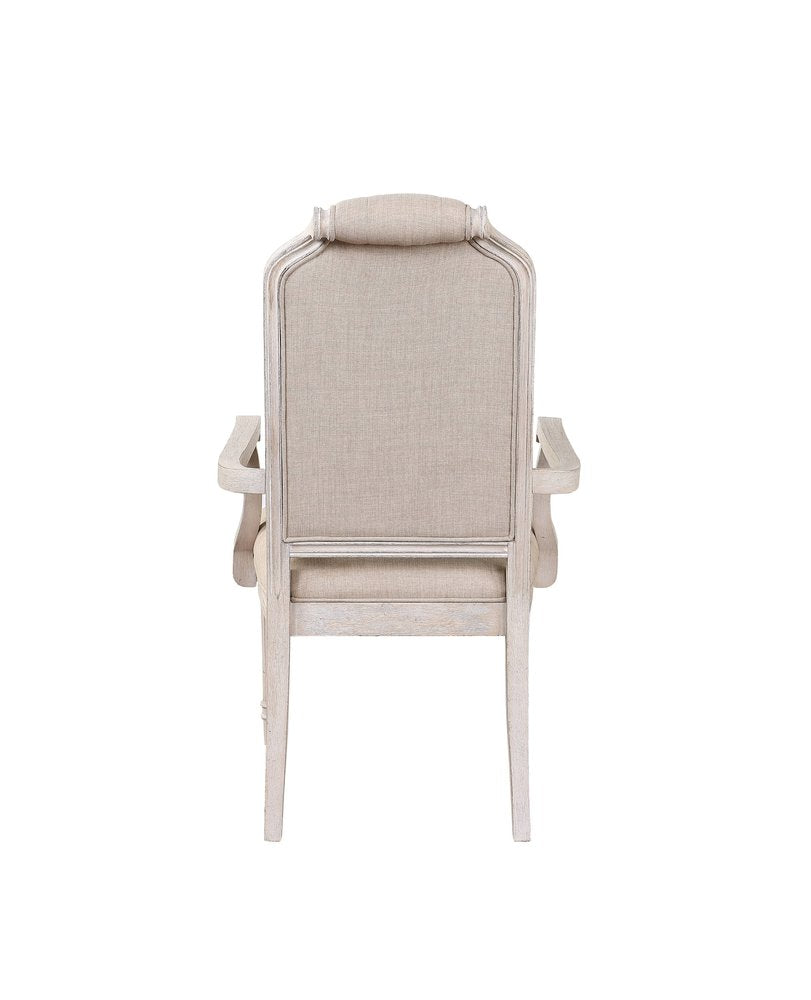 Set of Two Tufted Antiqued White and Champagne Upholstered Fabric And Solid Wood Dining Arm Chairs HomeRoots