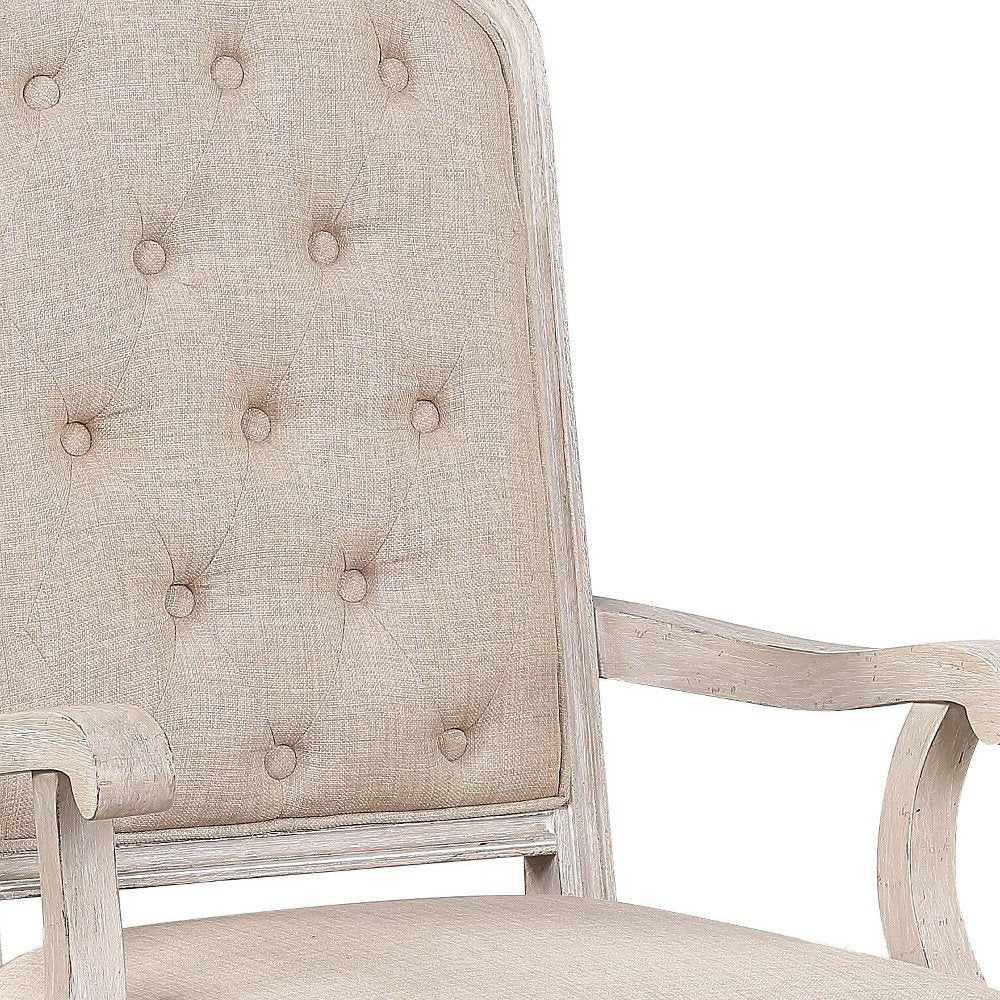 Set of Two Tufted Antiqued White and Champagne Upholstered Fabric And Solid Wood Dining Arm Chairs HomeRoots