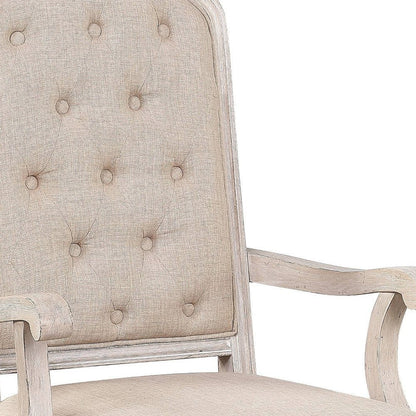 Set of Two Tufted Antiqued White and Champagne Upholstered Fabric And Solid Wood Dining Arm Chairs HomeRoots