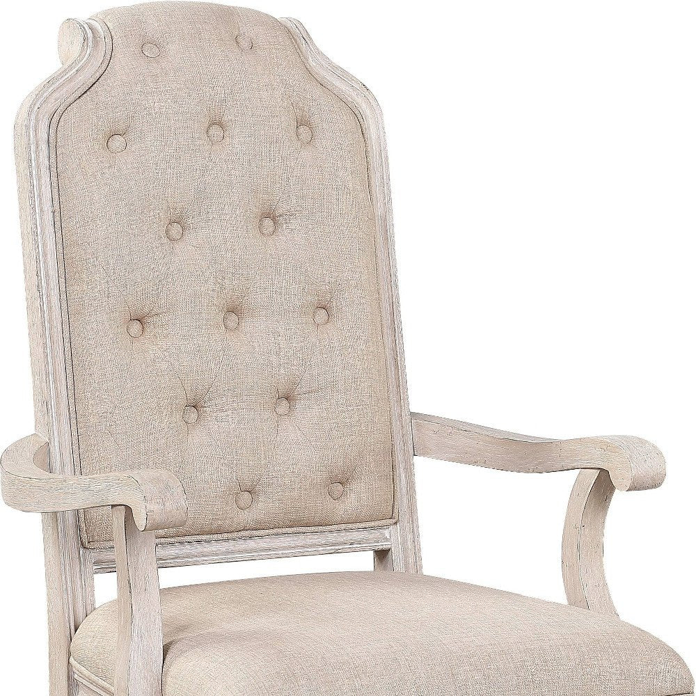 Set of Two Tufted Antiqued White and Champagne Upholstered Fabric And Solid Wood Dining Arm Chairs HomeRoots