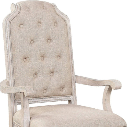 Set of Two Tufted Antiqued White and Champagne Upholstered Fabric And Solid Wood Dining Arm Chairs HomeRoots