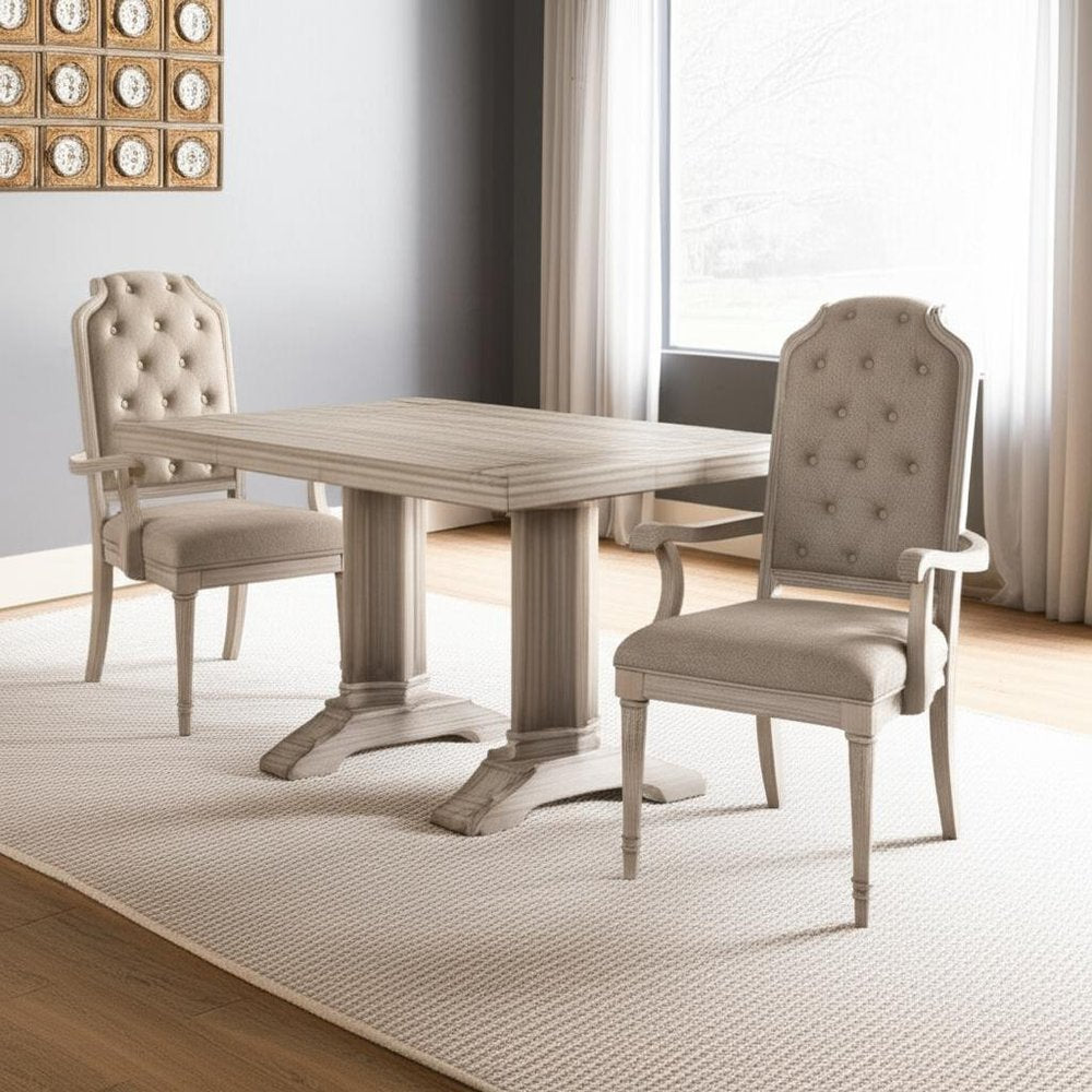 Set of Two Tufted Antiqued White and Champagne Upholstered Fabric And Solid Wood Dining Arm Chairs HomeRoots