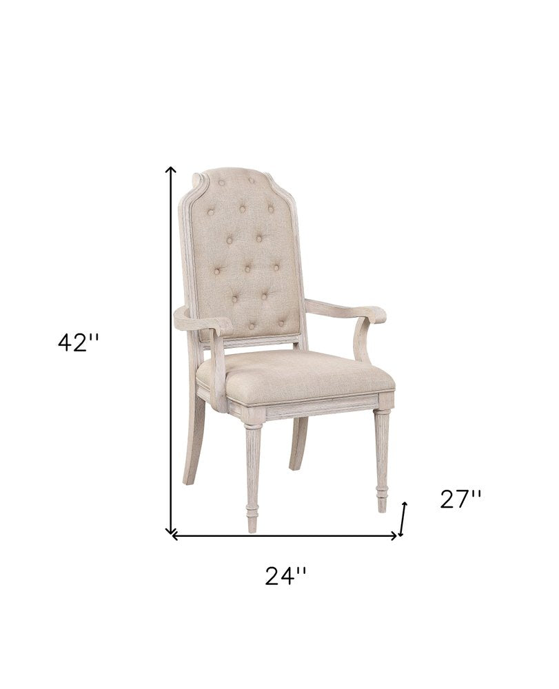Set of Two Tufted Antiqued White and Champagne Upholstered Fabric And Solid Wood Dining Arm Chairs HomeRoots