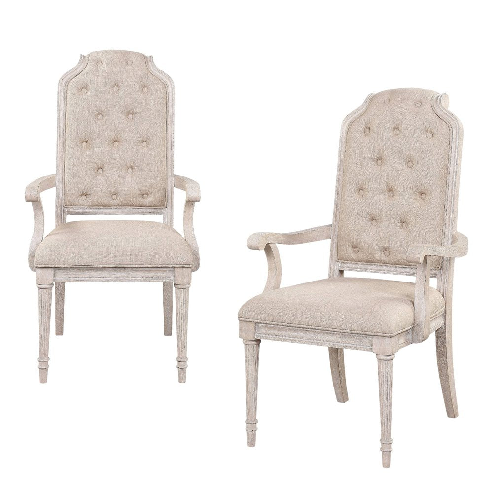 Set of Two Tufted Antiqued White and Champagne Upholstered Fabric And Solid Wood Dining Arm Chairs HomeRoots