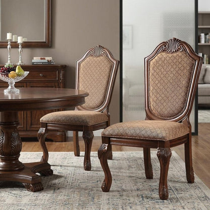 Set of Two Dark Brown And Tan Fabric And Solid Wood Geometric Print Dining Side Chairs HomeRoots