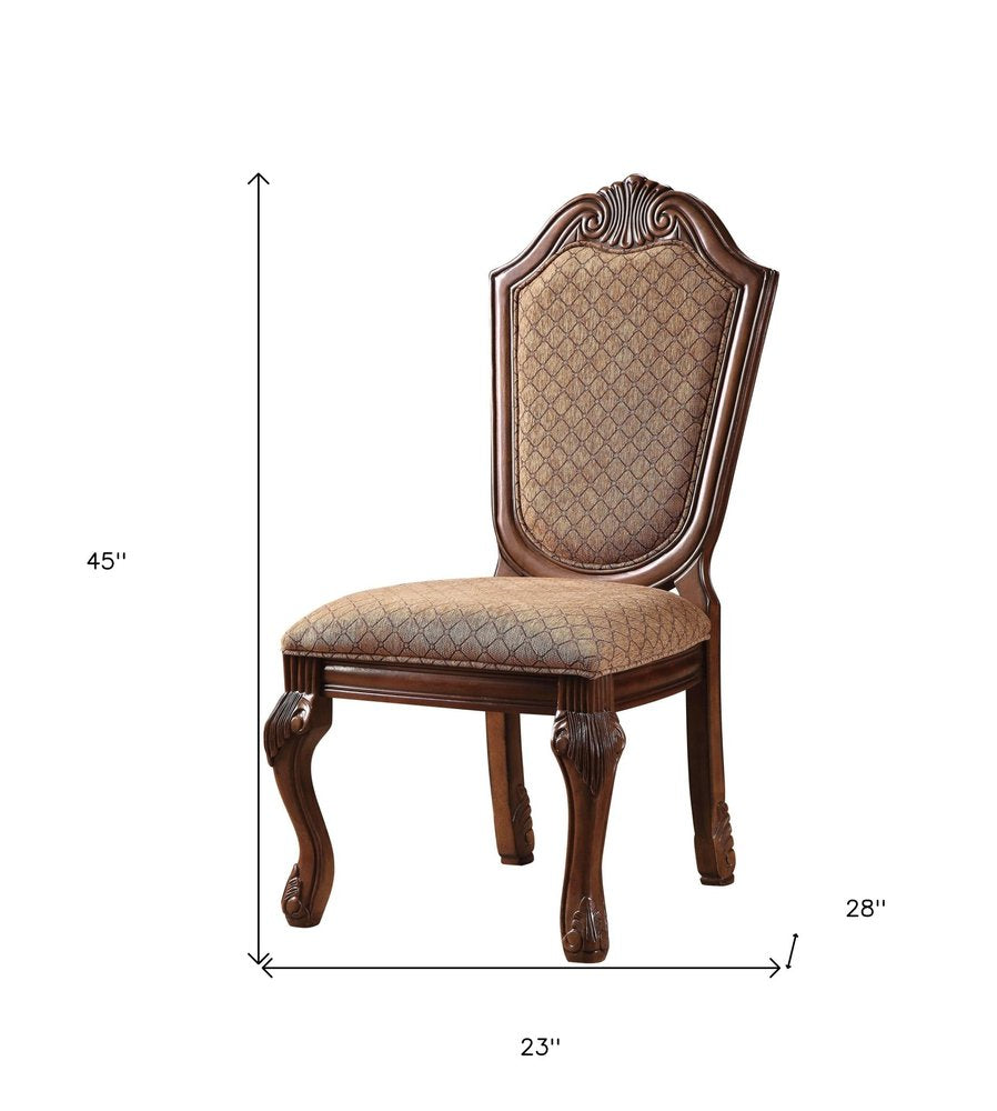 Set of Two Dark Brown And Tan Fabric And Solid Wood Geometric Print Dining Side Chairs HomeRoots