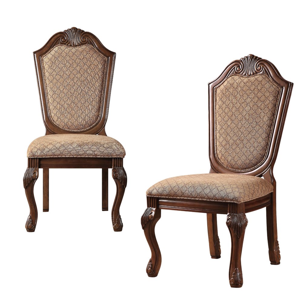 Set of Two Dark Brown And Tan Fabric And Solid Wood Geometric Print Dining Side Chairs HomeRoots