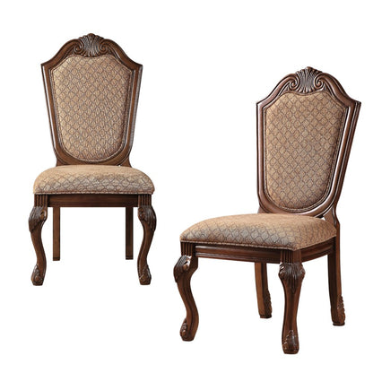 Set of Two Dark Brown And Tan Fabric And Solid Wood Geometric Print Dining Side Chairs HomeRoots