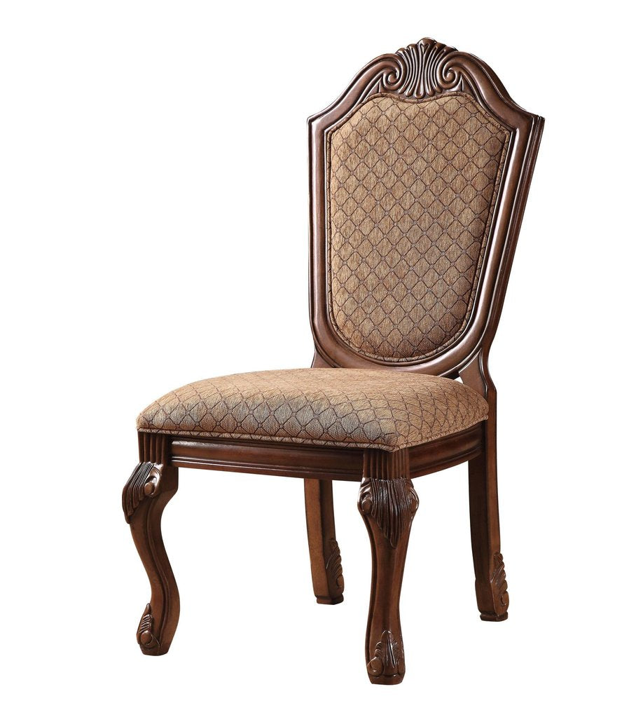Set of Two Dark Brown And Tan Fabric And Solid Wood Geometric Print Dining Side Chairs HomeRoots