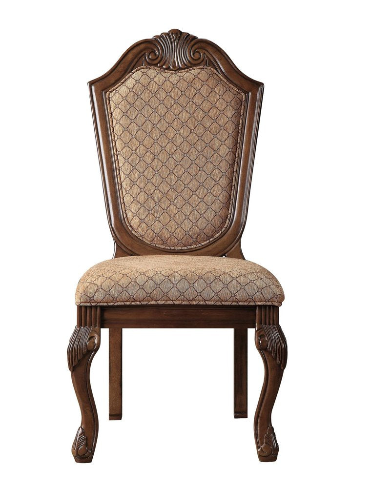 Set of Two Dark Brown And Tan Fabric And Solid Wood Geometric Print Dining Side Chairs HomeRoots