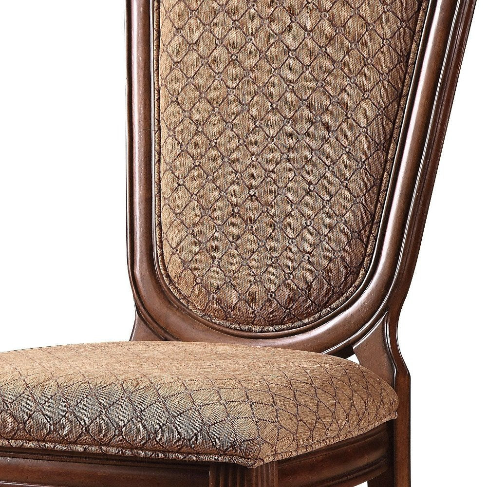 Set of Two Dark Brown And Tan Fabric And Solid Wood Geometric Print Dining Side Chairs HomeRoots