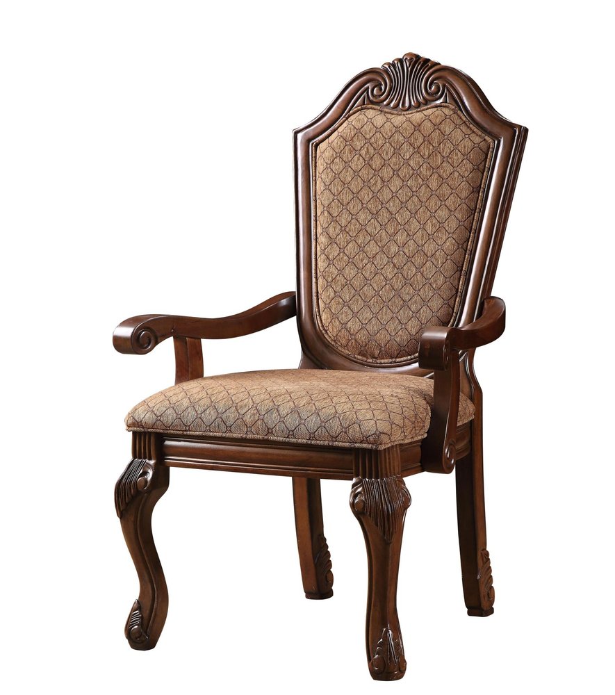 Set of Two Dark Brown And Tan Fabric And Solid Wood Geometric Print Dining Side Chairs HomeRoots