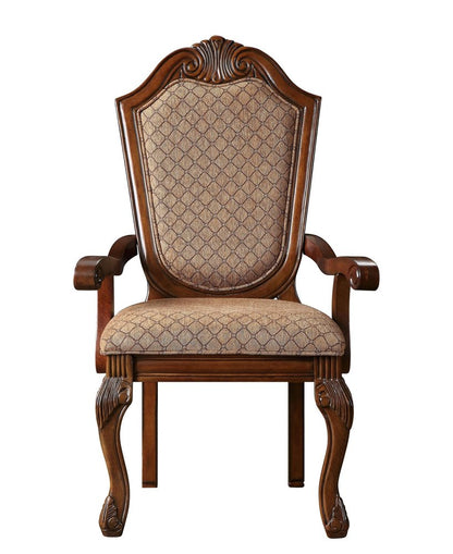 Set of Two Dark Brown And Tan Fabric And Solid Wood Geometric Print Dining Side Chairs HomeRoots